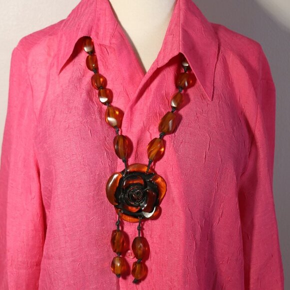 Vintage Resin Rose Beaded Necklace Large Chunky Floral Centerpiece- Amber Color - Picture 1 of 6